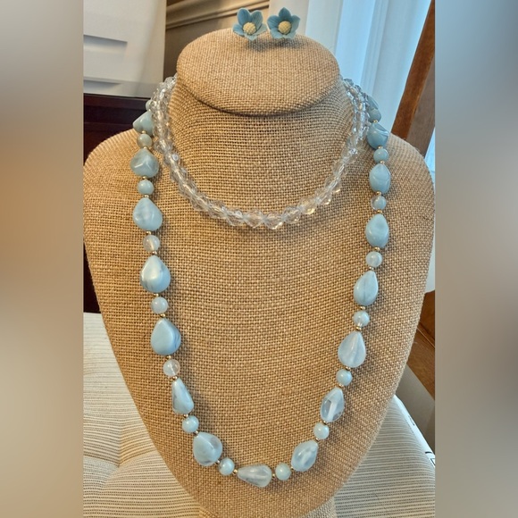 Vintage Jewelry - 3 piece Blue Lucite &  Acrylic Faceted Necklaces and ceramic artisan earrings